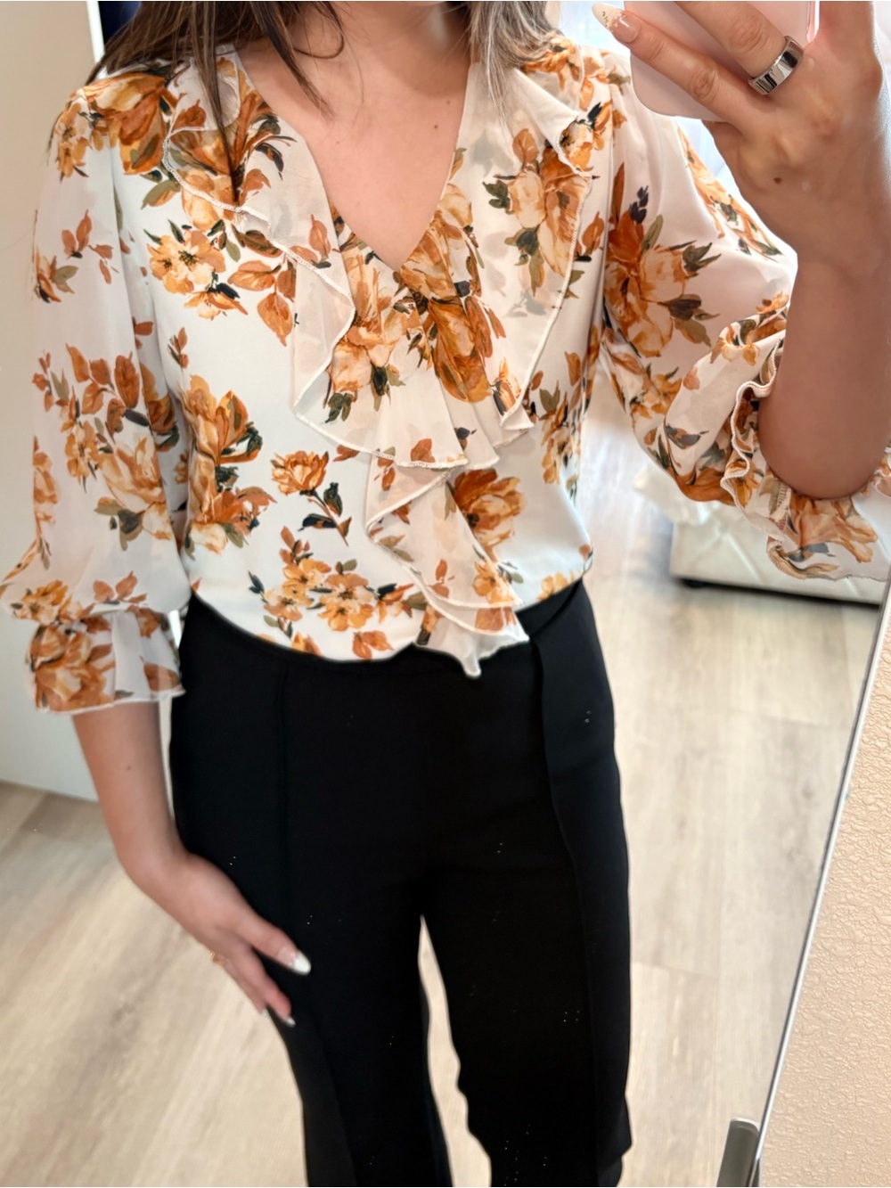 Floral Ruffle V-Neck Blouse - White with Mustard Floral